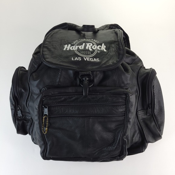 Vintage Hard Rock Cafe Hotel Las Vegas Black Leather Cinch Backpack Embroidered